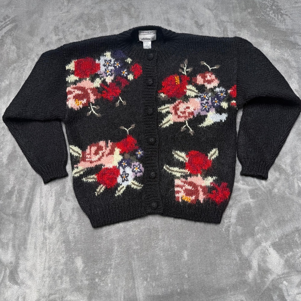Vintage 90s Y2k‎ Mohair Cardigan Womens Medium Black Hand Knit Cottagcore Floral